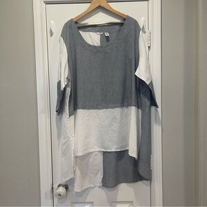 Kaktus Tunic 2XL Color Block Blue White Cotton Linen Hi Low Hem Lagenlook Blouse